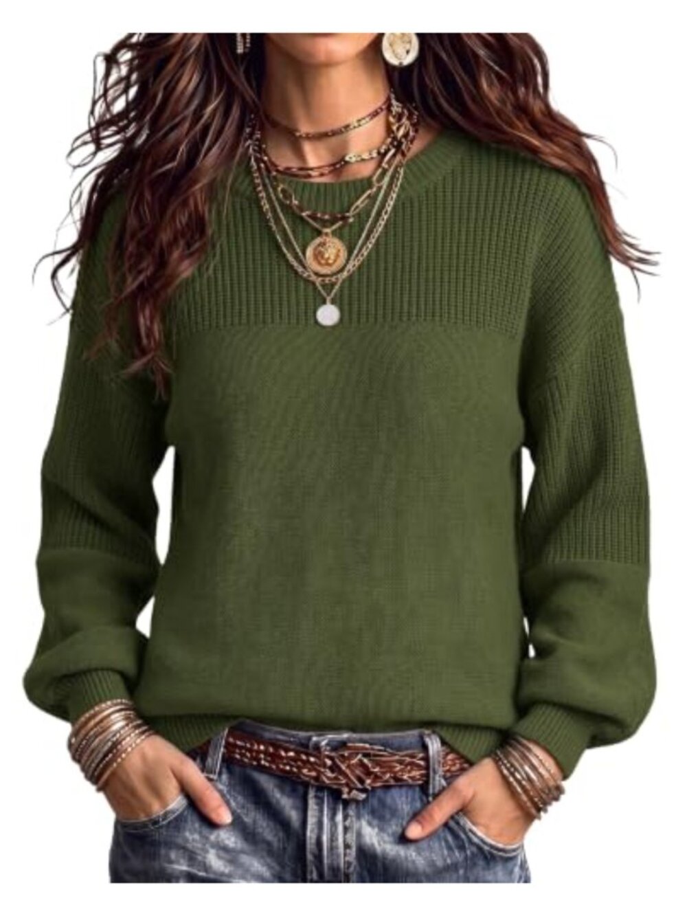 Cotton Chunky Knit Loose Fit Pullover Sweater Crew Neck Long Sleeve Casual Fall